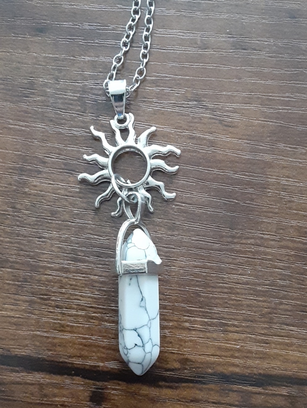 Silver Sun Pendant Necklace with White Howlite Point